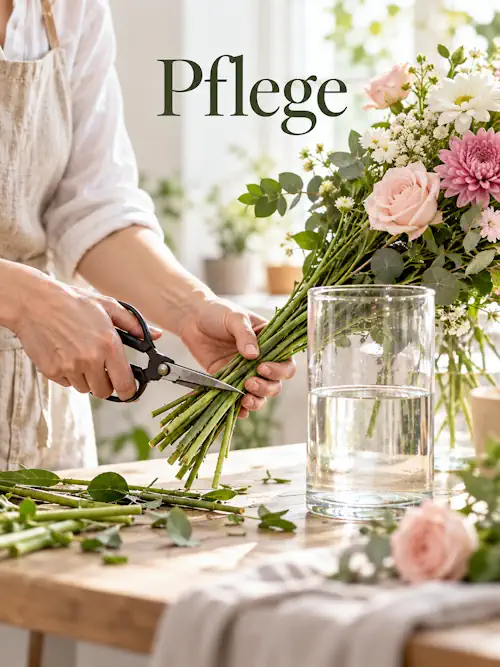 Blumenstiele werden für die Vase angeschnitten
